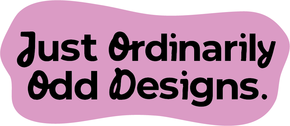 The image features text that reads "Just Ordinarily Odd Designs." The text is in a playful, black font against a wavy, pastel pink background.