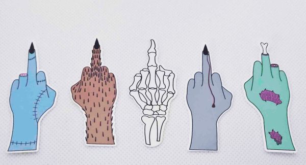 Five cartoon hands giving the middle finger are aligned horizontally. Each hand has a distinct design, including a blue stitched hand, the Werewolf Middle Finger with its furry brown look, a skeletal hand, a vampire hand dripping blood, and a green decayed hand with an exposed bone.