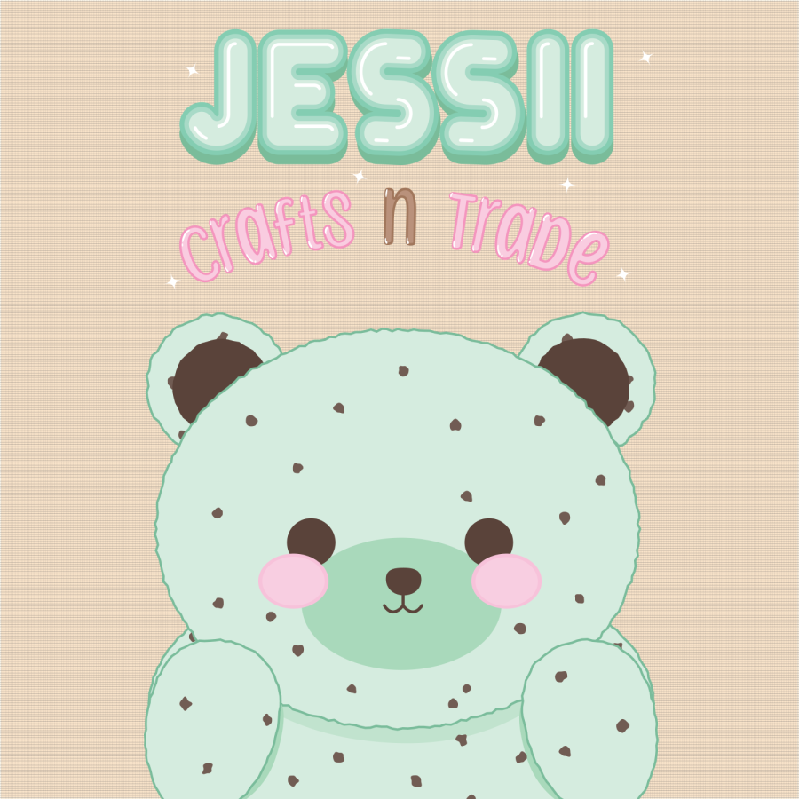 A cute illustration of a mint-colored bear with chocolate chip-like spots. Above the bear, the name "Jessi" is written in bubbly, mint green letters. Below "Jessi," the text "Crafts n Trade" is written in a playful pink font.