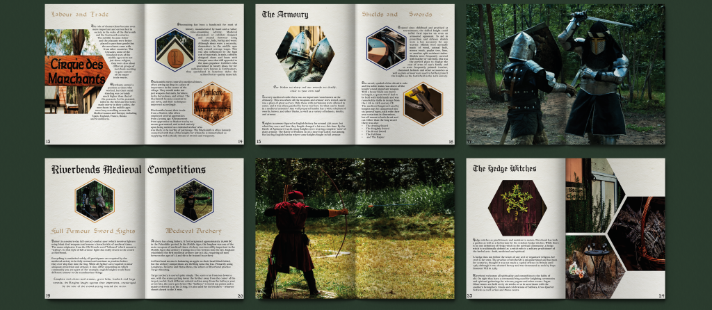 An open medieval-themed magazine with six pages. The pages feature text and images including knights in armor, archery, a circus, a detailed suit of armor, and various medieval weapons. Backgrounds include forest scenes and close-ups of items like herbs and weaponry.