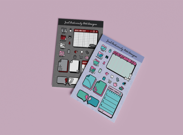 Two sheets from the Ghoul Planner Sticker Collection feature vibrant stickers on a light purple background. One sheet has black and white icons such as a phone and speech bubbles, while the other showcases pastel-colored designs. Both sheets proudly display the title "Just Ordinarily Odd Designs.