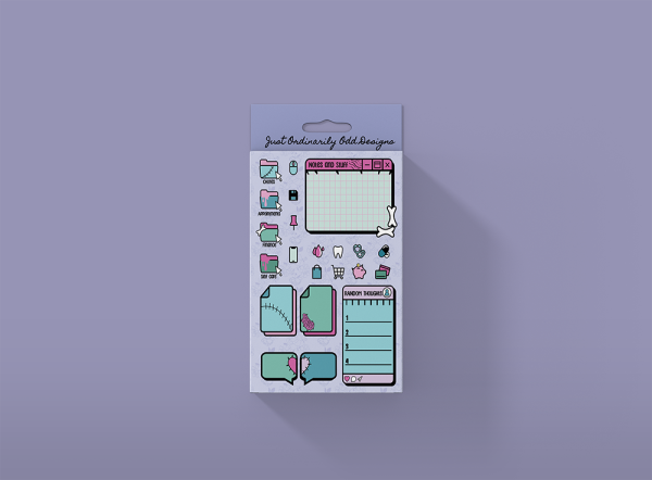 A pack of the Re-animated Planner Sticker Collection is displayed against a light purple background. The stickers feature various shapes such as speech bubbles, a calendar, a checklist, and icons like a piggy-bank, a phone, and a mouse. The packaging reads "Just Ordinarily Odd Designs.