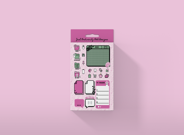 A pink package of decorative sticky notes and stickers against a light pink background. The package includes various shapes like speech bubbles, notes, and cute icons, some featuring grocery lists and reminders. The package is labeled "JOOD Planner Sticker Collection".