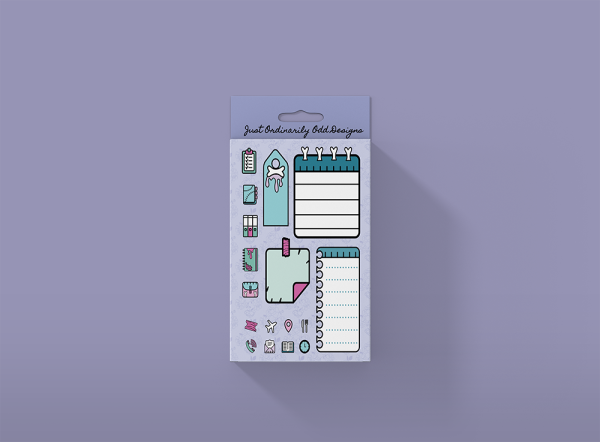 A purple background showcases the JOOD Planner Sticker Collection, a package brimming with decorative stickers and notepads. This collection features an array of designs, including pastel-colored notepads, tags, and other stationery items adorned with playful, whimsical illustrations and patterns. The text on top reads "Just Ordinarily Odd Designs.