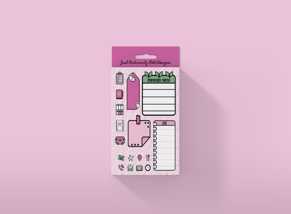 A set of JOOD Planner Sticker Collection pink sticky notes and decorative stickers on a pink background. The sticky notes include a leaf-themed "Important Memo" note, a speech bubble, a document-themed note, and a checklist note. Stickers feature clipboards, envelopes, plants, and other cute icons.