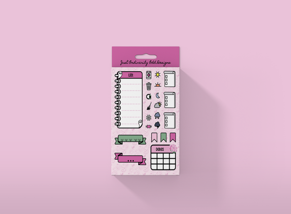 The JOOD Planner Sticker Collection features a set of decorative stickers on a pink background. The stickers include a spiral notebook, a to-do list, task icons (e.g., trash can, heart, moon, sun), banners, a calendar, and other symbols. The packaging is topped off with a purple header.