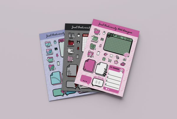 Three sheets of decorative stickers featuring various designs of planner stickers against a mauve background