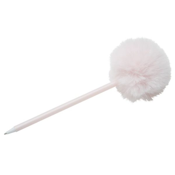 A white pen with a white tip and a large, fluffy white pom-pom attached to the top. The pom-pom adds a whimsical touch to the pen, making it both functional and decorative. The overall design gives a playful and soft appearance.