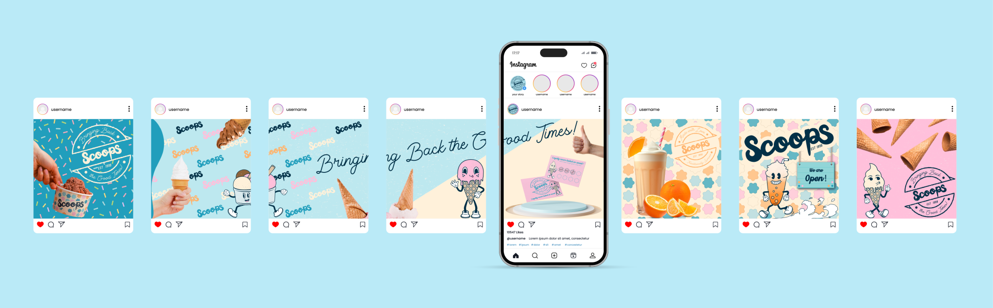 Colorful ice cream-themed social media posts on a light blue background. Seven screenshots display "Scoops" branding with various ice cream illustrations and playful designs. A central smartphone shows a post with an ice cream cone and text overlays.