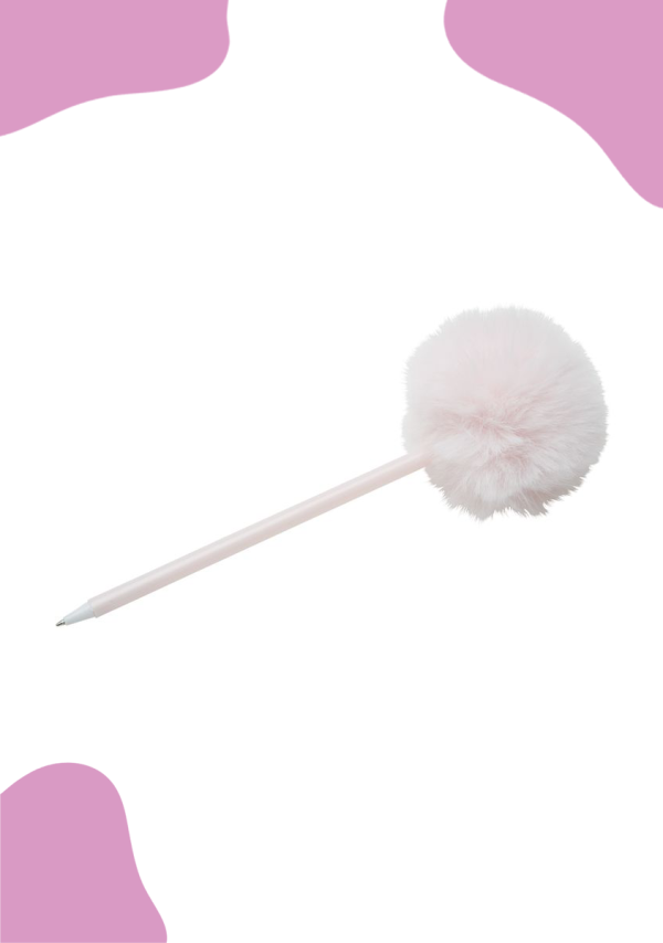 The Jood Ghost Pom-Pom Pen, featuring a sleek design and a soft, fluffy pom-pom on the end, is centered against a white background with abstract pink border elements in the corners, adding a whimsical touch.