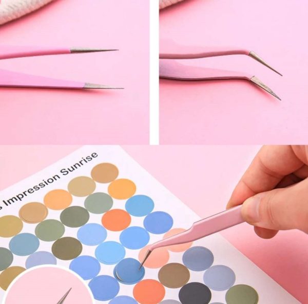 The Easy Peel Sticker Tweezers, showcased in three images, feature a fine, angled tip. The top two images emphasize the tweezers' tip, while the bottom image depicts a hand using the tweezers to handle circular color swatches on a pastel pink background. The tweezer is pink in color.