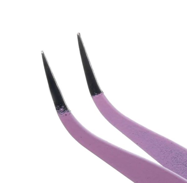 Close-up image of the tips of a pair of Easy Peel Sticker Tweezers featuring a purple handle and fine, pointed, metallic tips. The sharp tips are ideal for tasks requiring high accuracy.