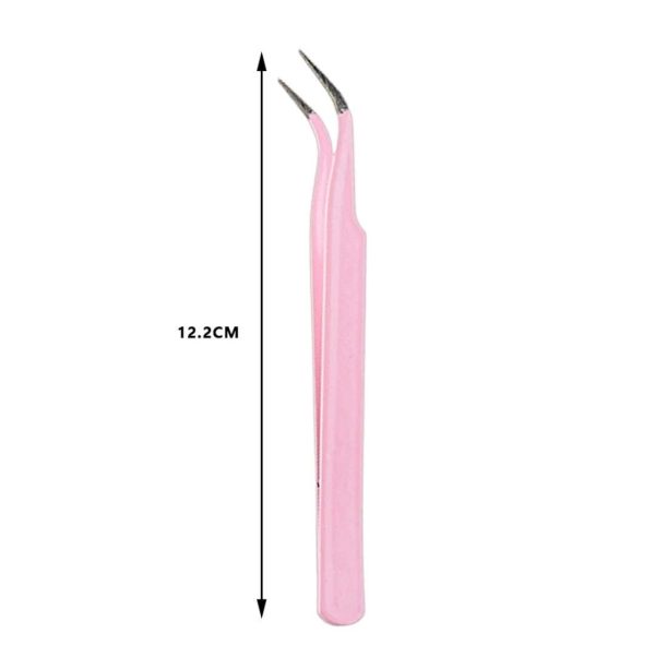 The Easy Peel Sticker Tweezers, colored in pink and featuring curved tips, are shown placed vertically. A double-headed arrow next to the tweezers specifies their 12.2 cm length. The slightly pointed and angled end is designed for precision tasks.