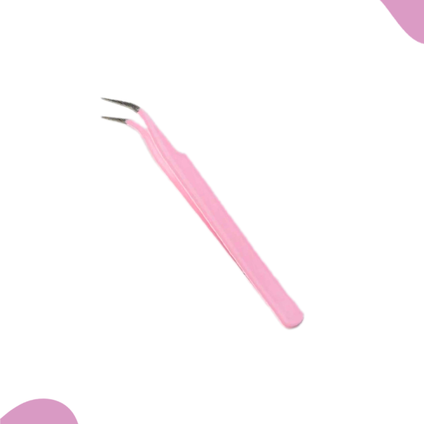 A pair of Easy Peel Sticker Tweezers in pink, featuring a pointed tip, is centered on a white background adorned with abstract pink shapes at the corners. The tweezers are angled slightly to the left, highlighting their precision tips.