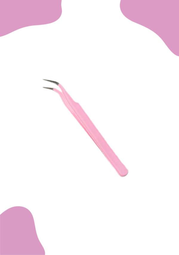 A pair of Easy Peel Sticker Tweezers in pink, featuring a pointed tip, is centered on a white background adorned with abstract pink shapes at the corners. The tweezers are angled slightly to the left, highlighting their precision tips.