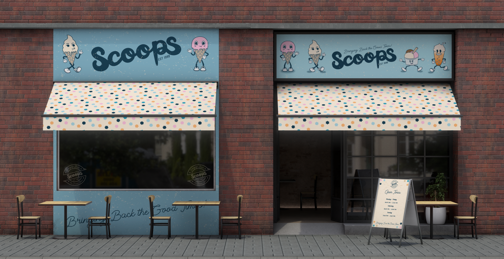 A brick exterior of an ice cream shop named "Scoops" features large windows and a doorway. Awnings decorated with colorful polka dots cover the windows and entrance. An A-frame menu board stands outside, with a couple of tables and chairs on the sidewalk. The shop's sign has cartoon ice cream characters.