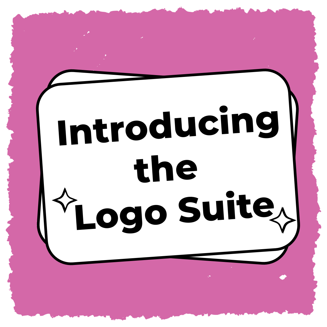 A white rectangular card with the text "Introducing the Logo Suite" in bold black letters is centered on a pink, irregularly shaped background. There are two small sparkle icons near the text, one before the word "the" and another after the word "Suite".