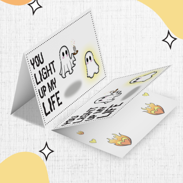 The Wish Boo Were Here Valentines Card features cartoon ghosts, with one ghost holding a candle accompanied by the text "You light up my life." The card also includes additional illustrations of hearts, stars, and flames, all set against a light background adorned with abstract yellow shapes.