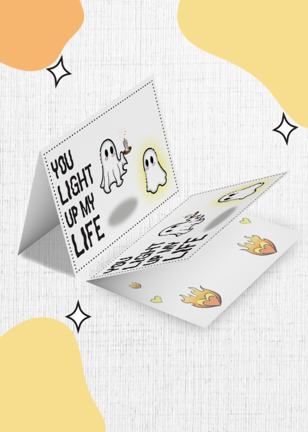 The Wish Boo Were Here Valentines Card features cartoon ghosts, with one ghost holding a candle accompanied by the text "You light up my life." The card also includes additional illustrations of hearts, stars, and flames, all set against a light background adorned with abstract yellow shapes.