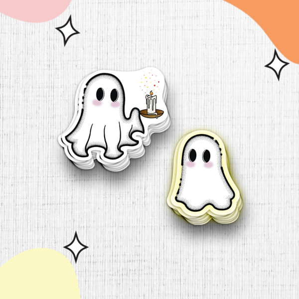 The "You Light Up My Life Sticker Duo" features two adorable cartoon ghost stickers set against a light textured background. The ghost on the left is holding a candle adorned with multicolored sparkles, while both ghosts sport pink cheeks and big black eyes for an irresistibly cute appearance. Their backdrop is decorated with abstract pastel shapes and star accents.