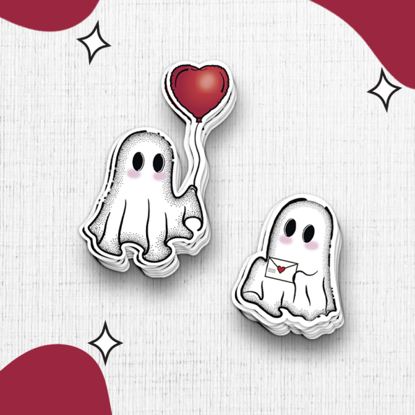 The "You Lift My Spirits Sticker Duo" features two illustrated ghost stickers set against a white and maroon background. The ghost on the left is holding a red heart balloon, while the ghost on the right holds a letter adorned with a heart. Both ghosts are depicted in white with black eyes and small, blushing expressions.