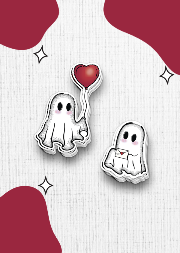 The "You Lift My Spirits Sticker Duo" features two illustrated ghost stickers set against a white and maroon background. The ghost on the left is holding a red heart balloon, while the ghost on the right holds a letter adorned with a heart. Both ghosts are depicted in white with black eyes and small, blushing expressions.