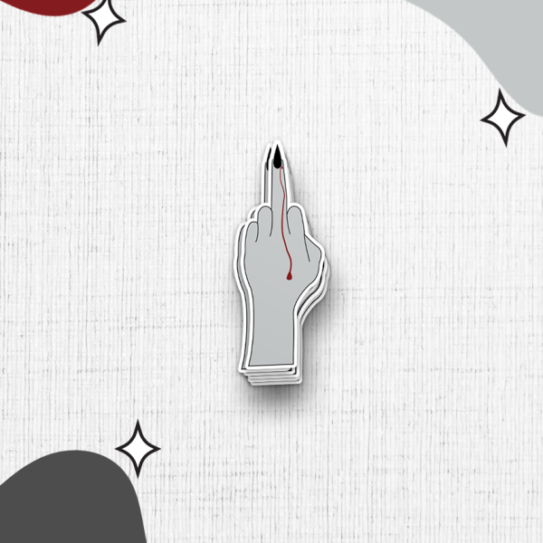 A sticker featuring a vampire hand making a rude gesture with the middle finger extended and a red blood dripping from the nail. The background showcases a textured white surface adorned with abstract shapes in red, gray, and black, along with small black star-like icons.