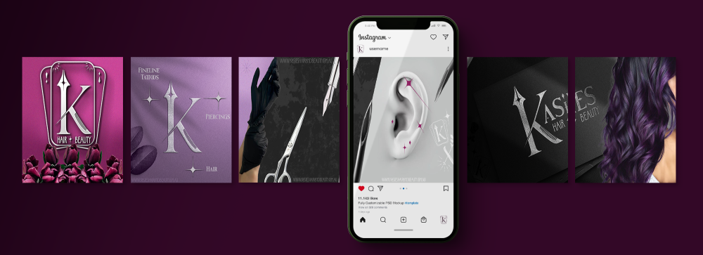 A smartphone displaying an Instagram post is centered against a purple background featuring various promotional images. The images include scissors, ear piercing tools, and purple hair, along with the "K" emblem.