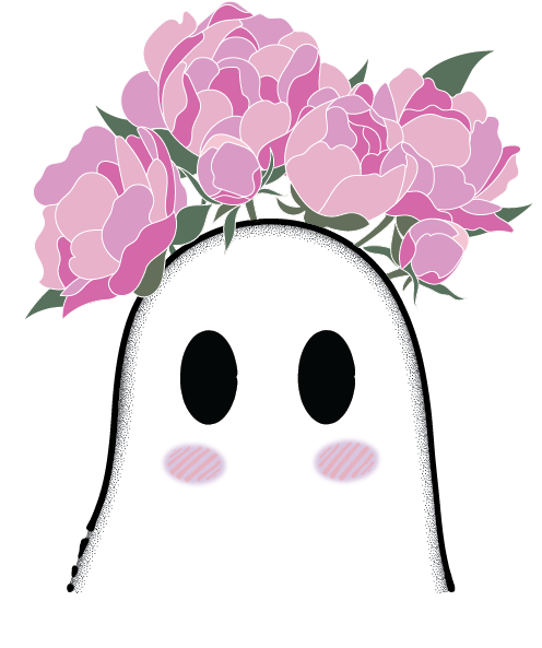 A cute illustration of a ghost with blushing cheeks. The ghost is adorned with a pink flowers growing from its head, giving it a whimsical and cheerful appearance. The ghost's simple round eyes add to its charming and friendly look.