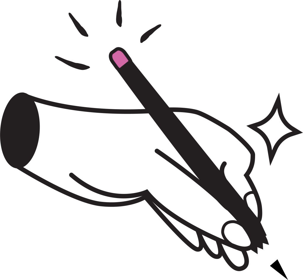 Illustration of a hand holding a pen with a sparkling effect near the writing tip. The hand is stylized with bold lines and a minimalist design. The pen has a pink eraser on top, and the overall image conveys a sense of creativity and precision.