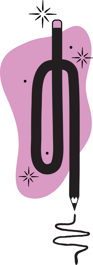 Illustration of a black pencil looped in a "d" shape over a pink blob background. Pencil shavings are depicted emerging from the pencil tip, creating a doodle. The eraser end of the pencil is at the top. There are small black dots and sparkles around the image.