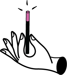 A simple line drawing of a hand holding a wand stick vertically, with lines drawn above indicating magic. The top of the stick is pink.