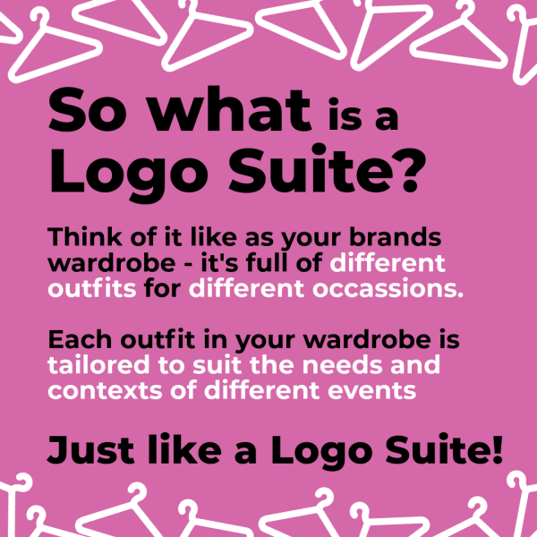 An infographic with a pink background and white hanger icons. Text reads: "So what is a Logo Suite? Think of it like as your brand's wardrobe - it's full of different outfits for different occasions. Each outfit in your wardrobe is tailored to suit the needs and contexts of different events. Just like a Logo Suite!.