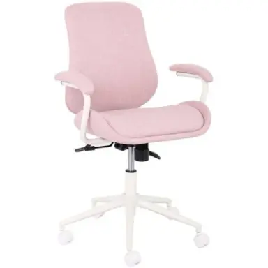 A pink office chair with padded armrests, a cushioned seat, and a contoured backrest. The chair has a white, five-pointed base with wheels and an adjustable height lever beneath the seat.