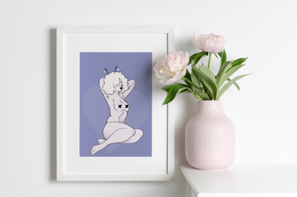 Framed artwork of a petite woman with albinism on a dusty purple background next to a vase with pink peonies.