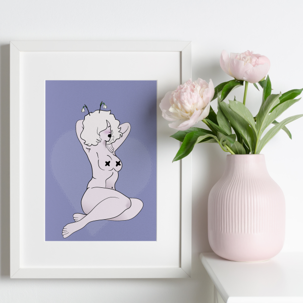 Framed artwork of a petite woman with albinism on a dusty purple background next to a vase with pink peonies.