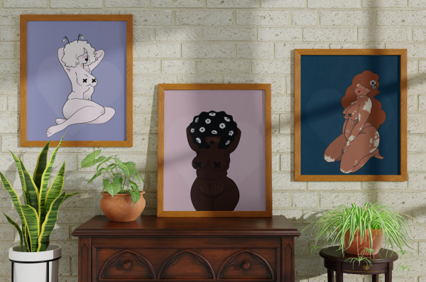 Three framed artworks depicting stylized female figures are displayed on a brick wall above a wooden console table, accompanied by potted plants.