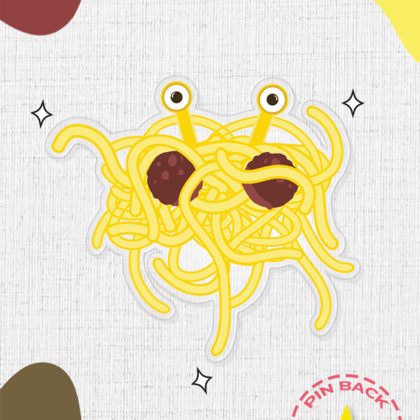 An acrylic pin, which showcases the flying spaghetti monster. The corner shows a star with 'pin back' in red above it, encapsulated by a red dotted circle. The design is set against a white background adorned with red and yellow shapes and small black stars.