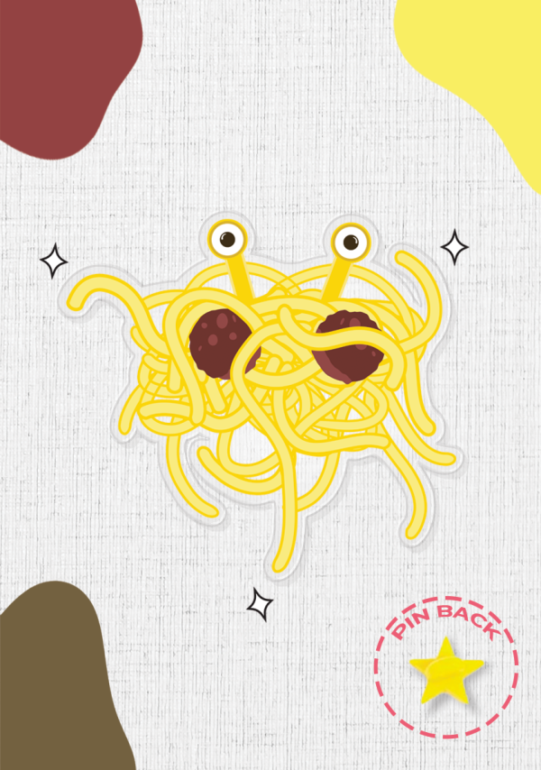 An acrylic pin, which showcases the flying spaghetti monster. The corner shows a star with 'pin back' in red above it, encapsulated by a red dotted circle. The design is set against a white background adorned with red and yellow shapes and small black stars.