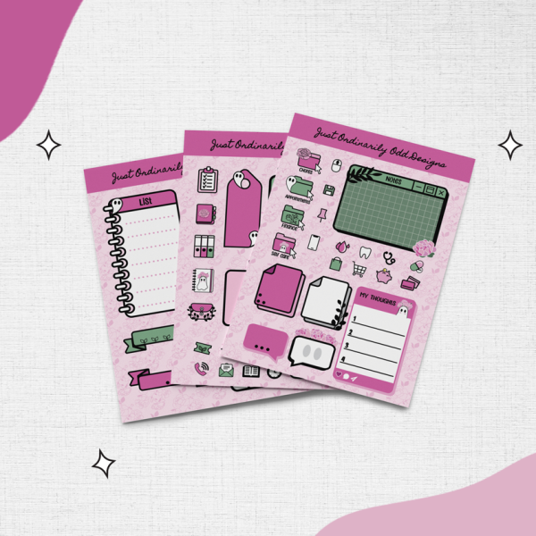 Three sheets of decorative stickers featuring various designs and colors are displayed against a textured white background with pink accents.