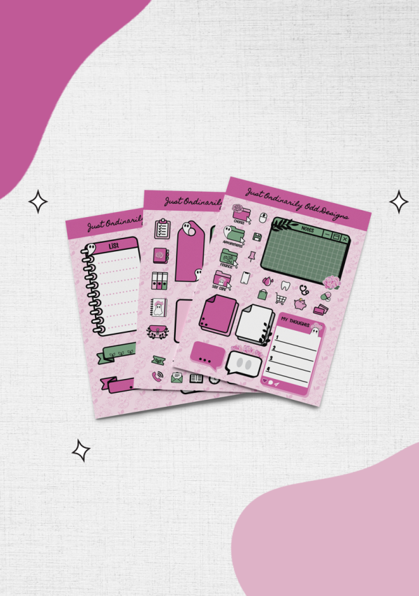 Three sheets of decorative stickers featuring various designs and colors are displayed against a textured white background with pink accents.