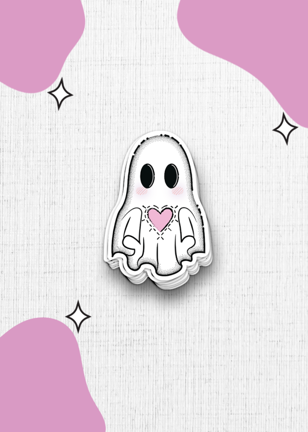 Illustration of a cute ghost with a heart patch on its chest, wide eyes. The ghost is drawn in a sketch-like style against a textured background with pink organic shapes and small star accents.