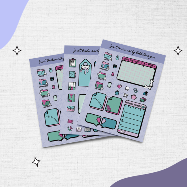 Three sheets of decorative stickers featuring various designs and colors are displayed against a textured white background with purple accents.