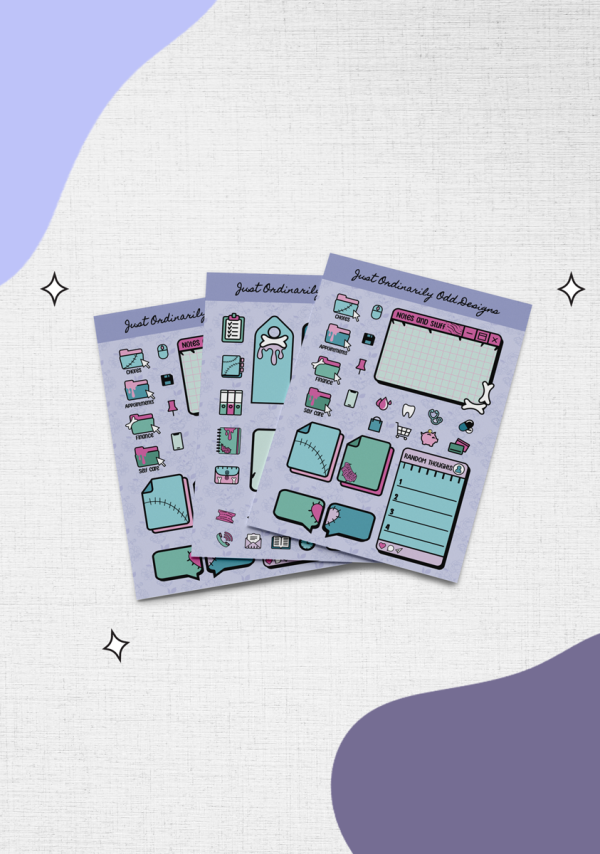 Three sheets of decorative stickers featuring various designs and colors are displayed against a textured white background with purple accents.