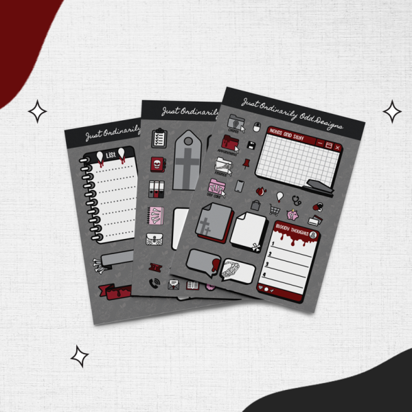 Three sheets of decorative stickers featuring various designs and colors are displayed against a textured white background with red and grey accents.