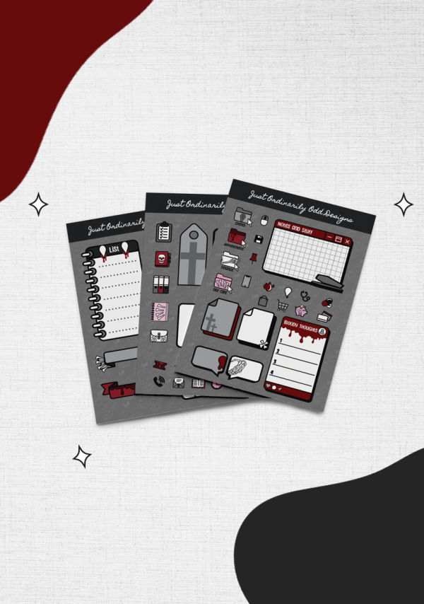 Three sheets of decorative stickers featuring various designs and colors are displayed against a textured white background with red and grey accents.