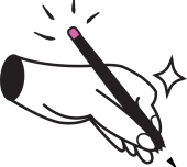 Illustration of a hand holding a pen with a sparkling effect near the writing tip. The hand is stylized with bold lines and a minimalist design. The pen has a pink eraser on top, and the overall image conveys a sense of creativity and precision.